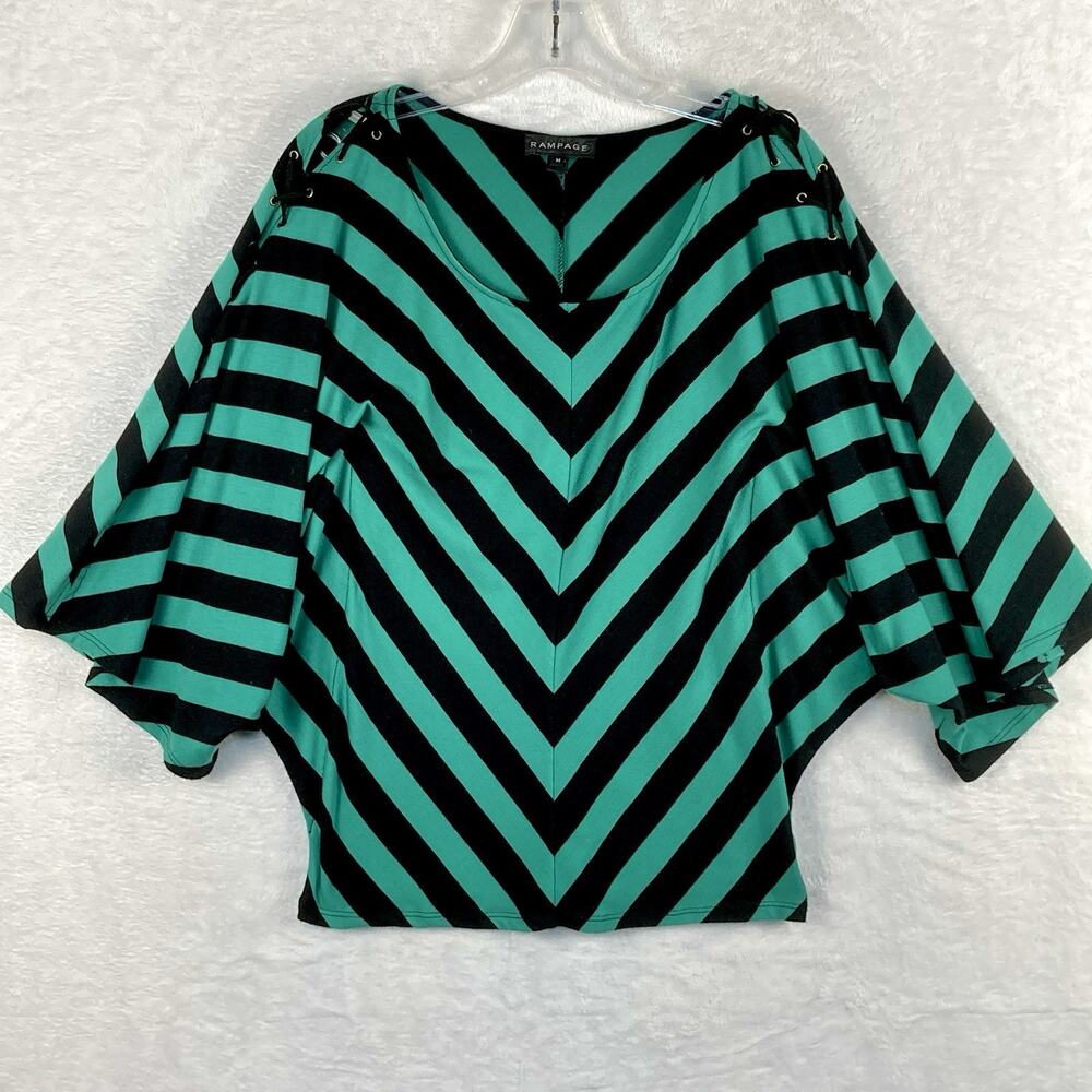 Rampage Shirt Womens M Green Black Stripe Lace Up Boxy Emo Rocker Mall Goth Y2K